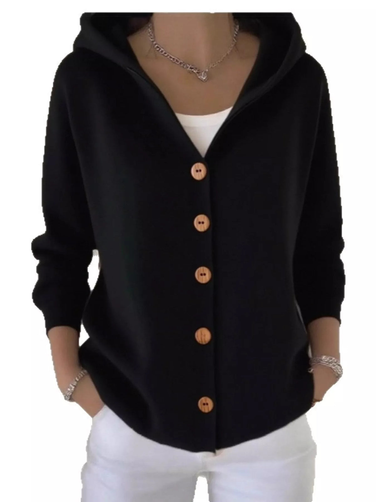 Full Size Hooded Button-Down Knit Cardigan Plus Size - Black - View 41