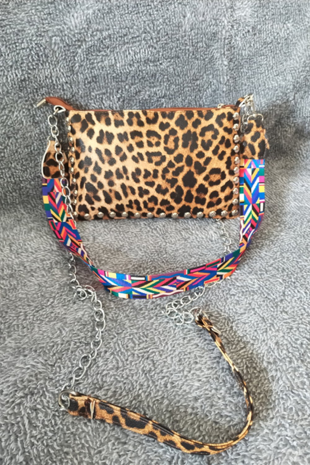 Adored PU Leather Studded Shoulder Bag - Leopard - View 11