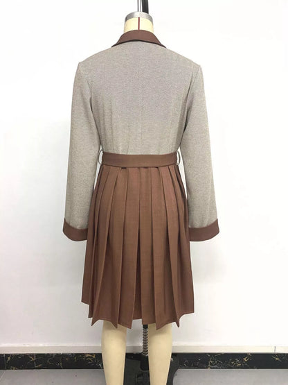 Pleated Patchwork Blazer Belt Dress - Brown - View 17