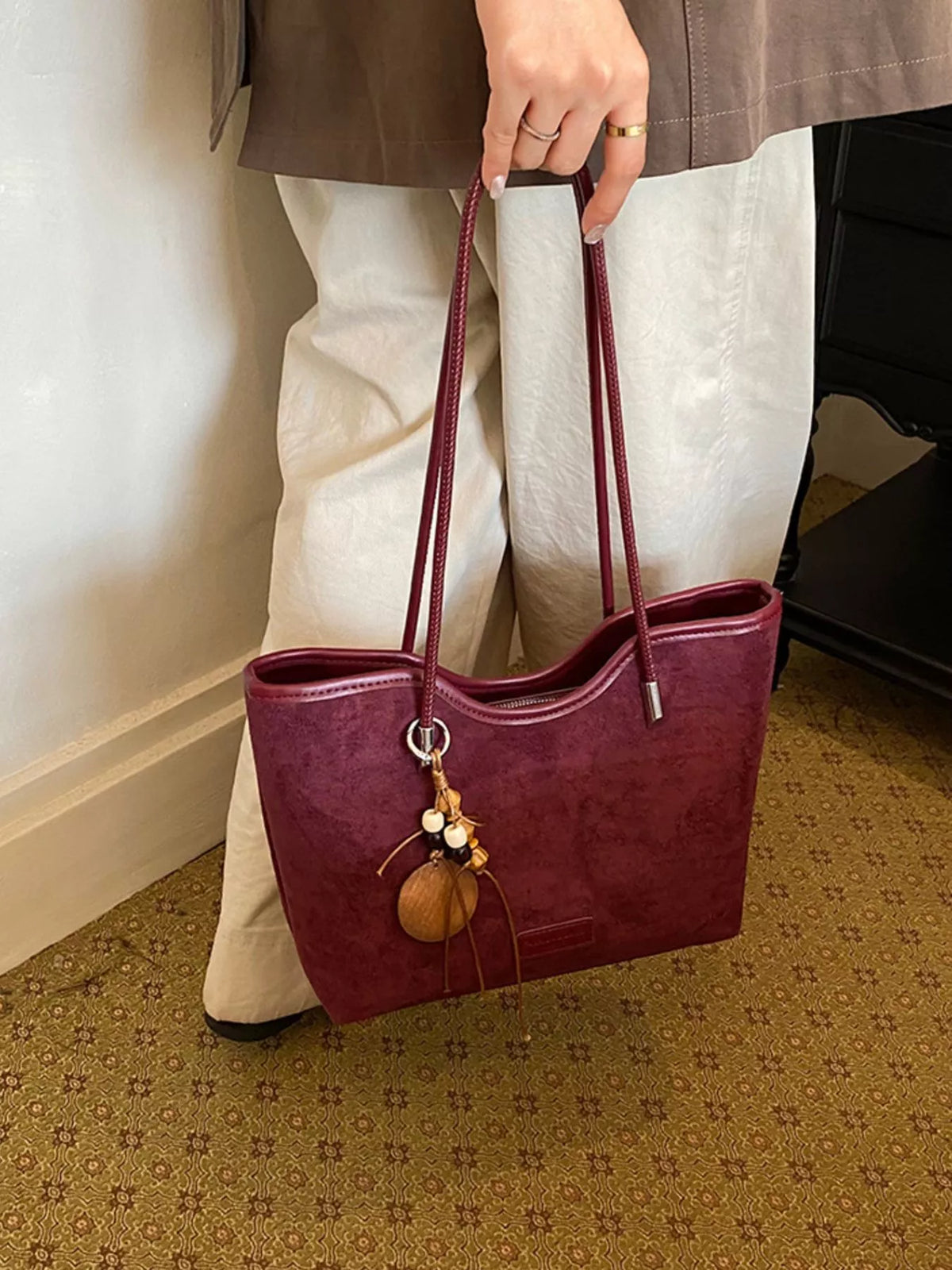 Solid Suede Shoulder Bag - Wine Red - View 1