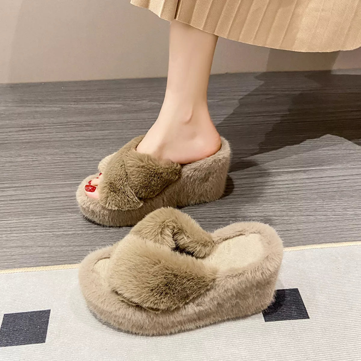 Fluffy Wedge Slippers - Khaki - View 12