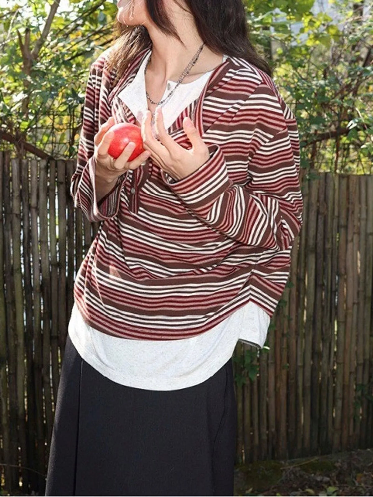 Vintage Striped Long-Sleeve Quarter-Zip T-Shirt - Coffee And Red-Striped - View 10
