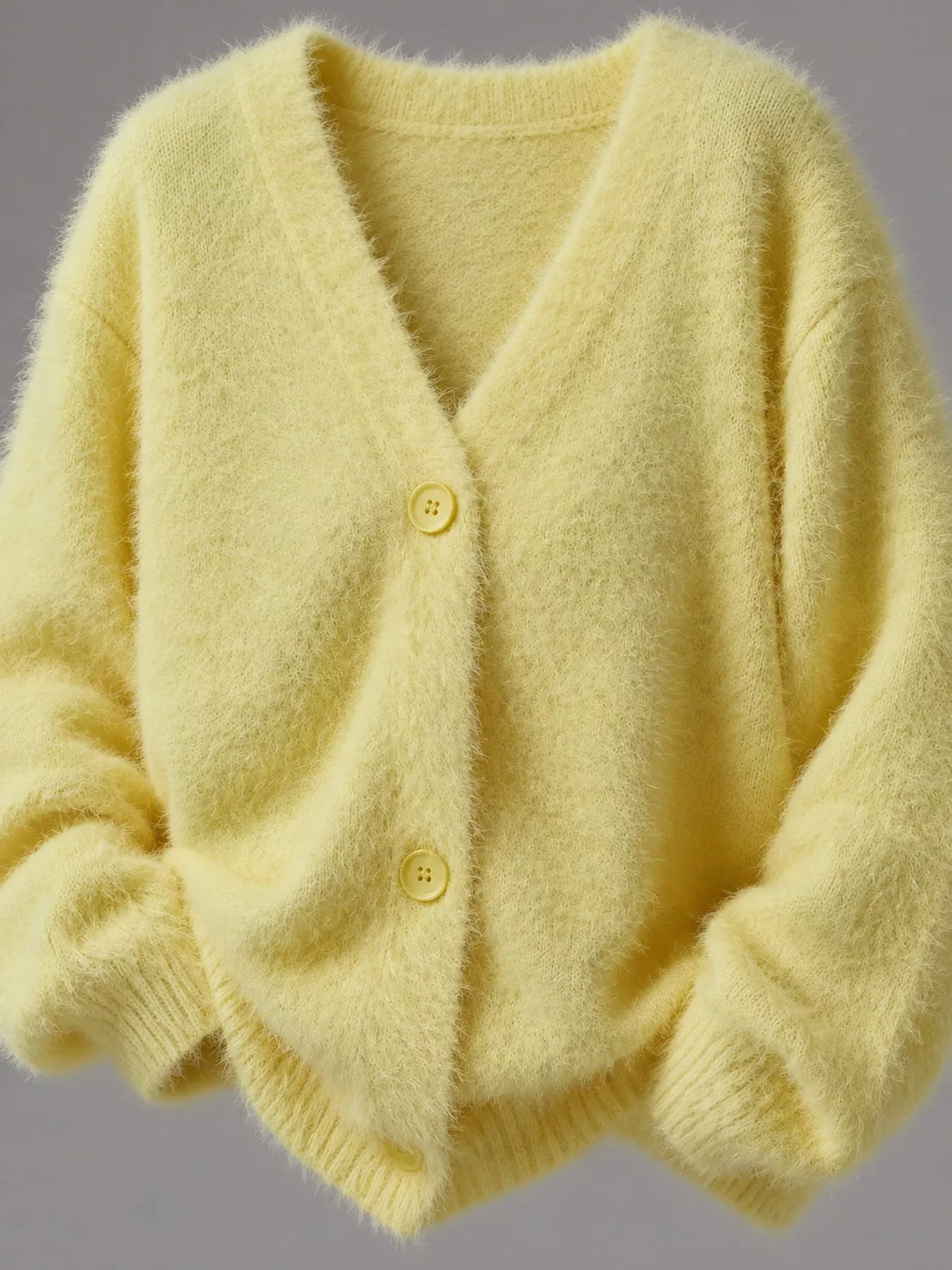 Fuzzy V-Neck Button-Down Cardigan - Yellow - View 25