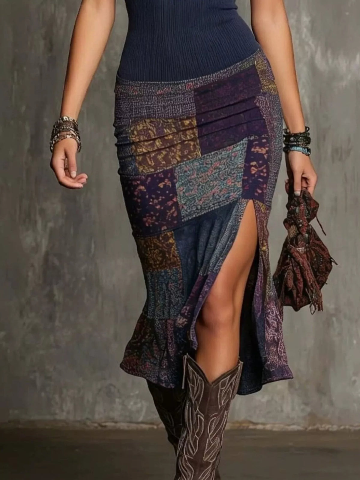 Slit Printed Sleeveless Midi Dress - Dark Navy - View 3