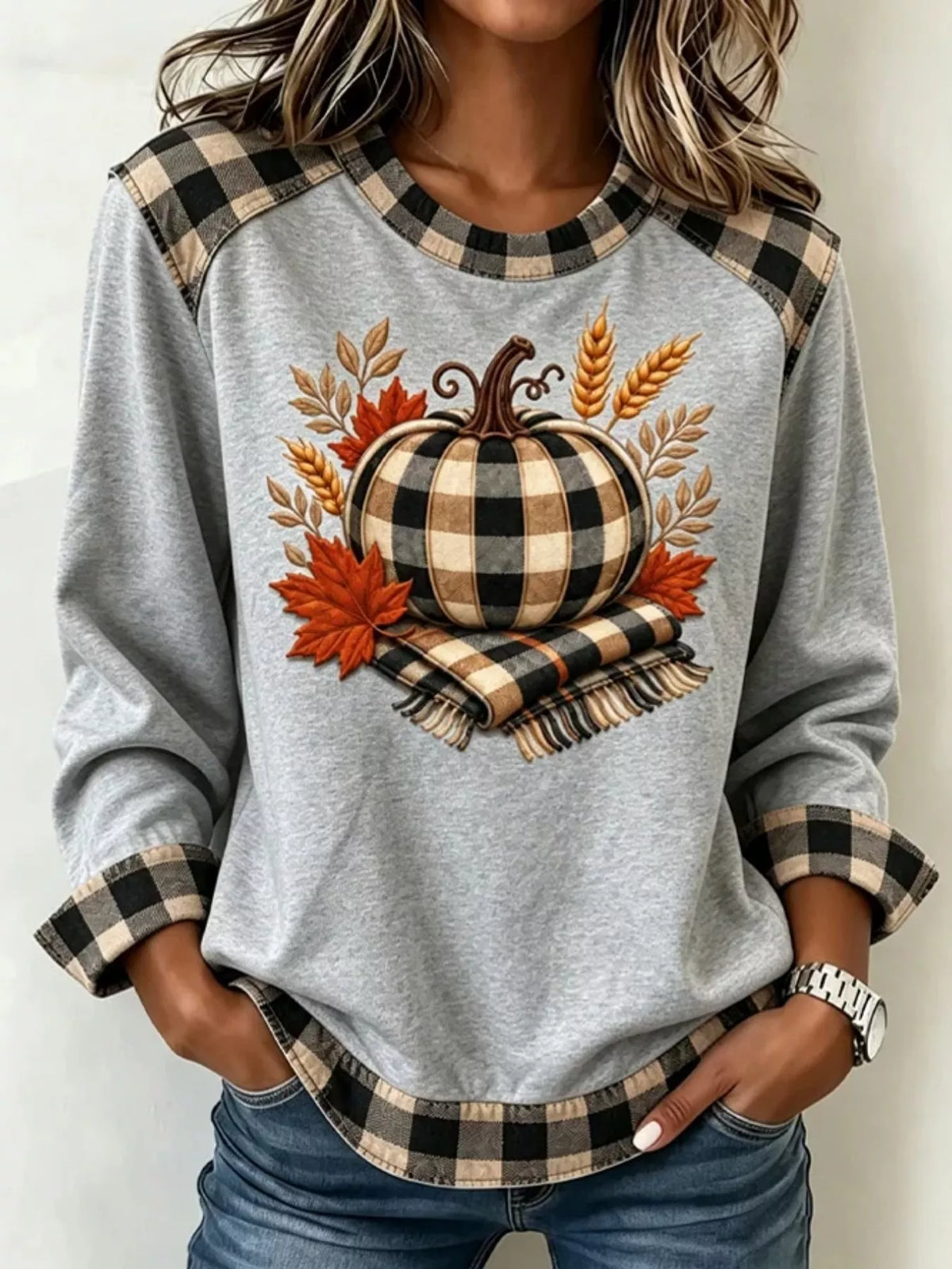 Full Size Pumpkin Plaid Patchwork Long Sleeve Sweatshirt Plus Size - Gray - View 1