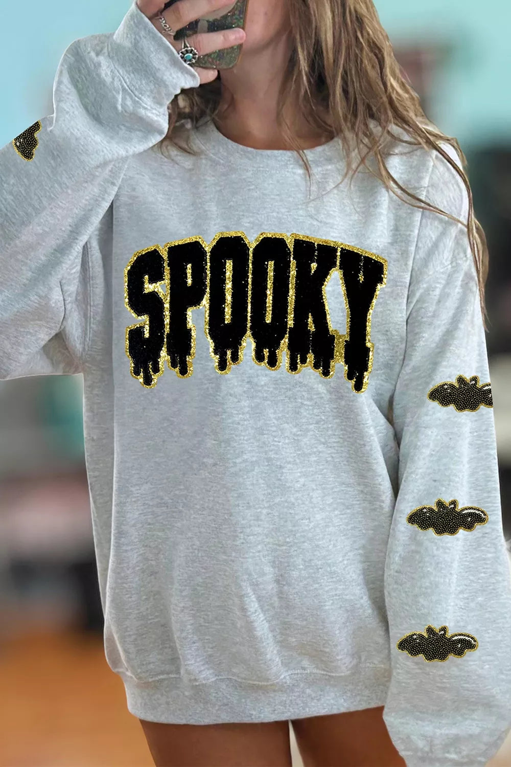 Sequin SPOOKY Halloween Bat Embellished Sleeve Pullover Sweatshirt - Gray - View 6