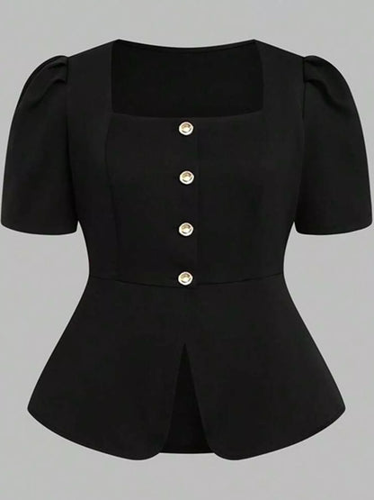 Plus Size Peplum Top and Wide-Leg Pants Two-Piece Set - Black - View 7