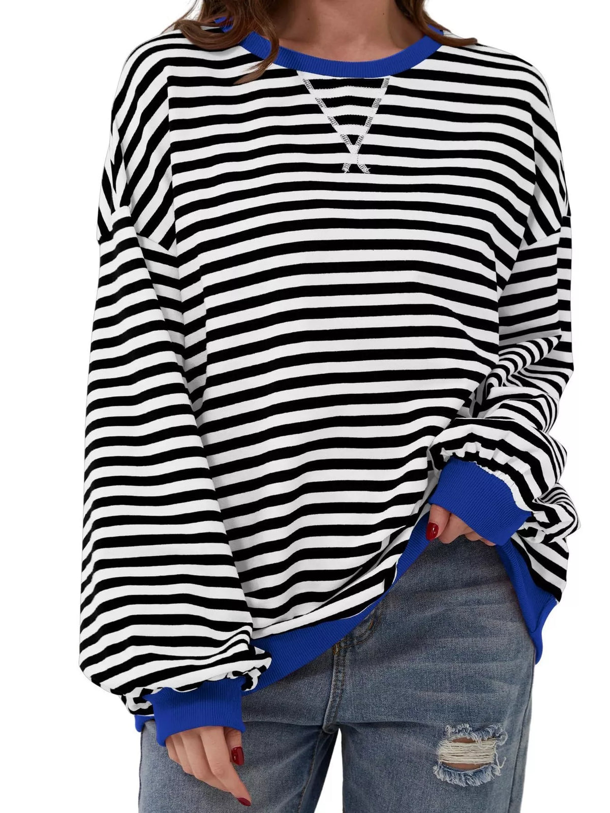 Striped Contrast Trim Oversized Sweatshirt - Black - View 1