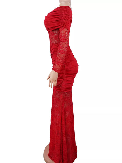 Off-Shoulder Ruched Lace Mermaid Maxi Dress - Red - View 4