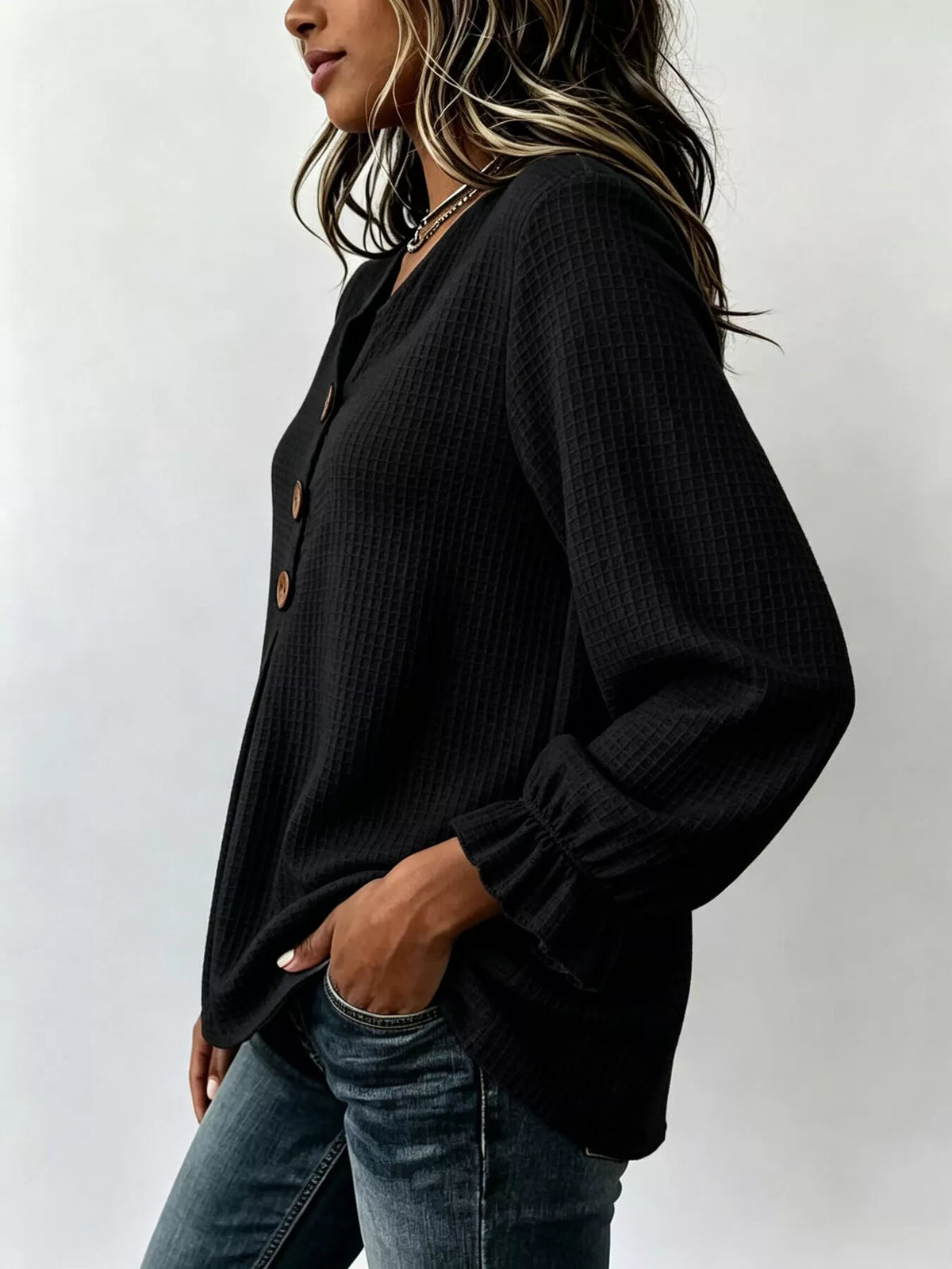 Waffle Knit Long Sleeve Top - Black - View 10