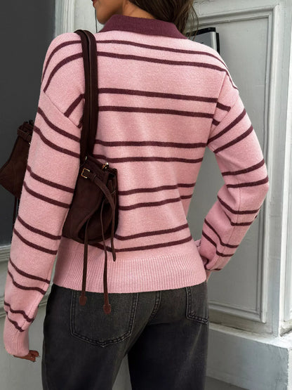 Striped Polo Collar Dropped Shoulder Sweater - Pink And Brown Stripes - View 5