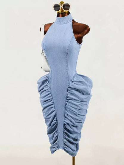 Sleeveless Mock Neck Ruched Bodycon Denim Dress - Blue - View 3