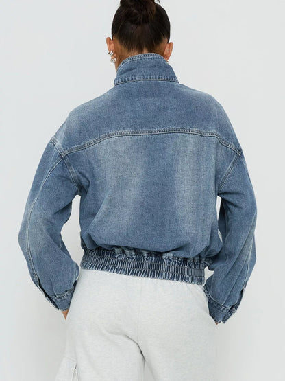 Washed Stand-Up Collar Denim Jacket - Blue - View 4