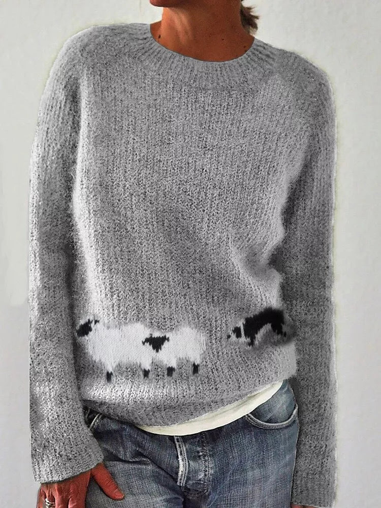 Full Size Sheep Pattern Round Neck Sweater Plus Size - Gray - View 1