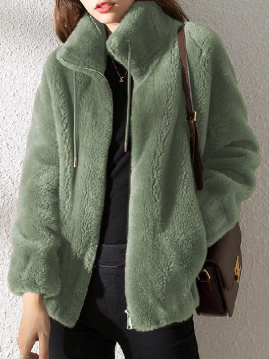 Full Size Drawstring Faux Fur Stand-Collar Zip-Up Outerwear Plus Size - Green - View 1