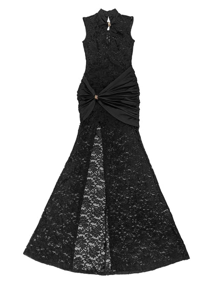 Lace Keyhole High-Slit Maxi Dress - Black - View 6