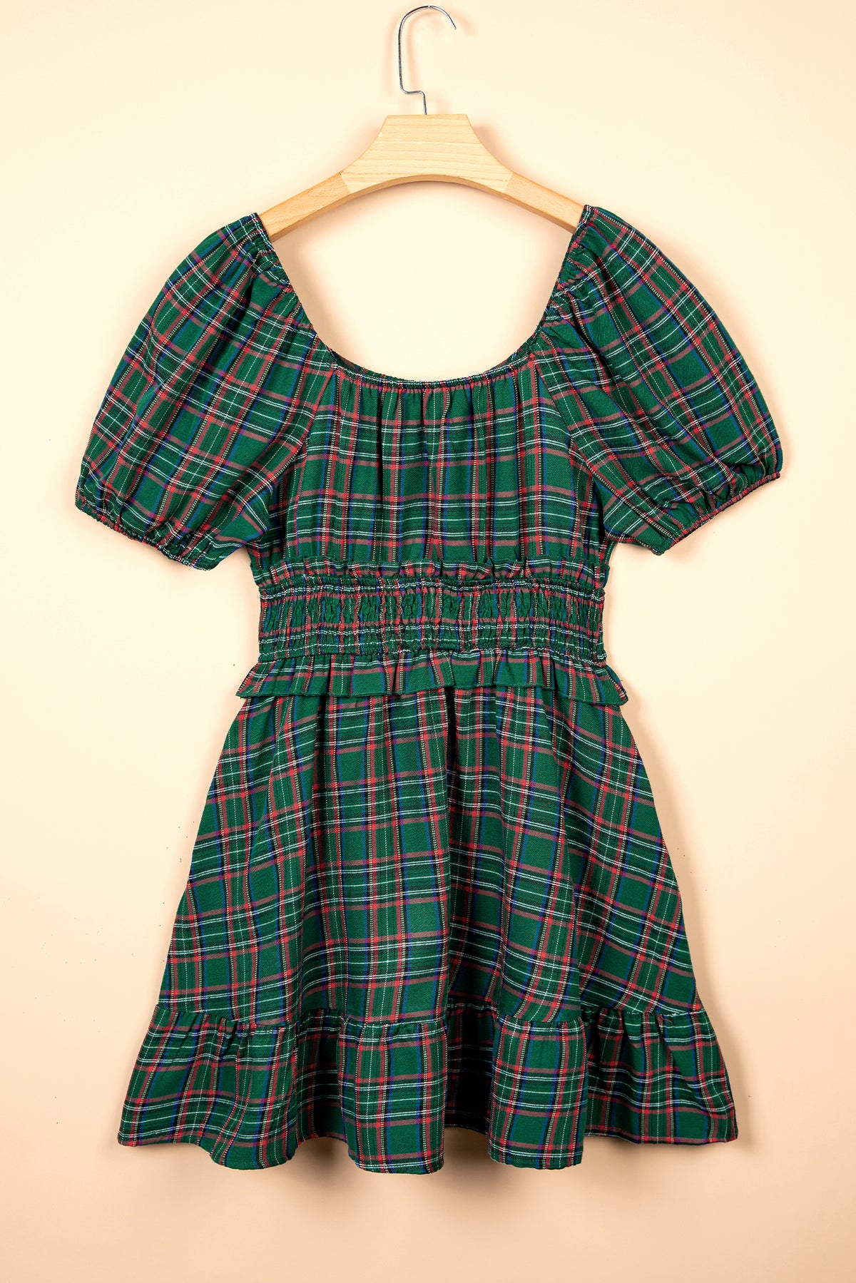 Green Plaid Shirred U Neck Short Sleeve Mini Dress - product photo 5
