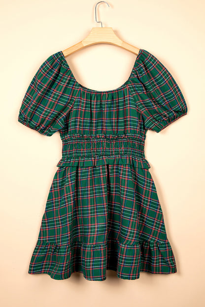 Green Plaid Shirred U Neck Short Sleeve Mini Dress - product photo 5