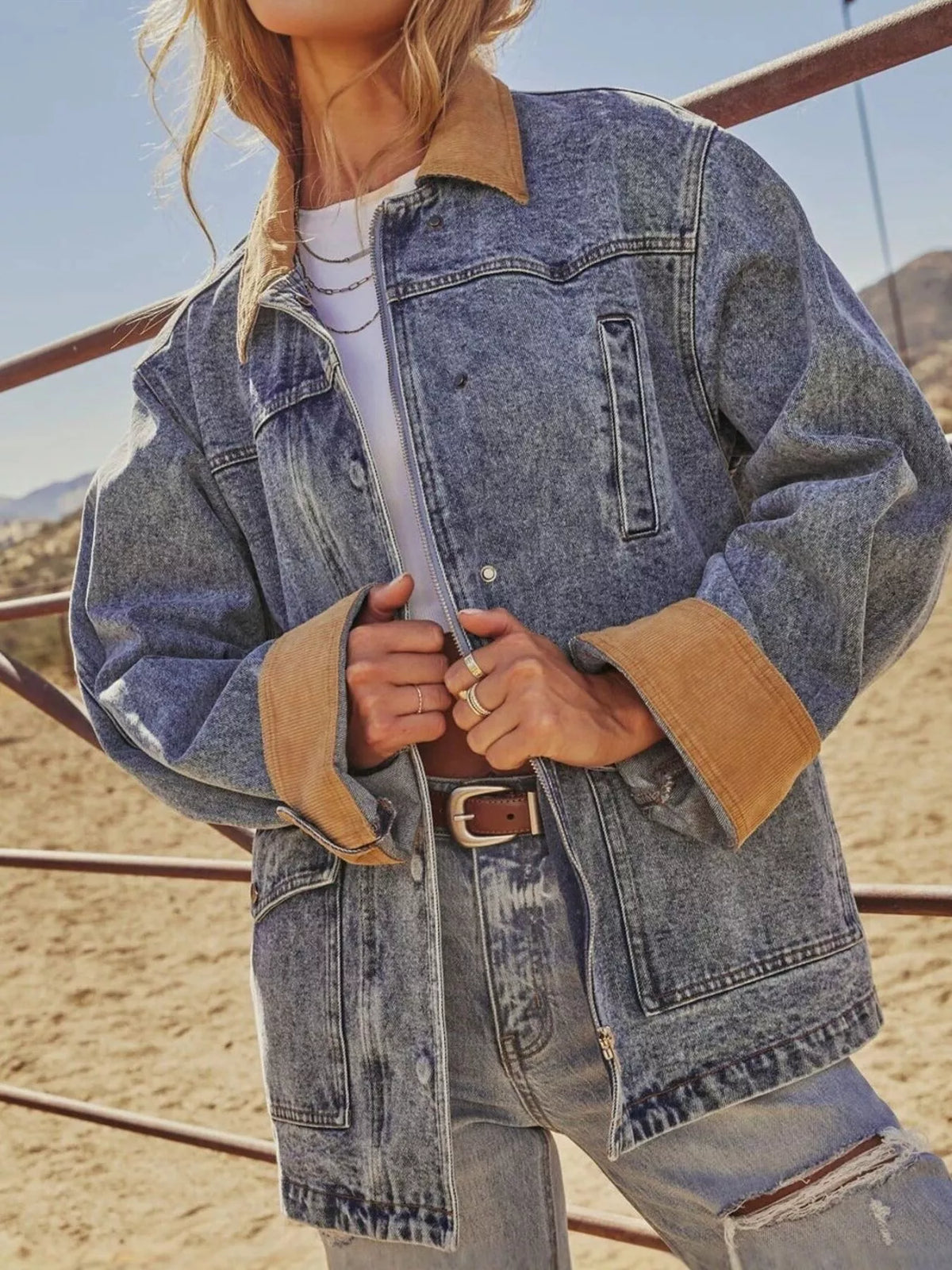 Zip Up Contrast Corduroy Collar Denim Jacket - Blue - View 1