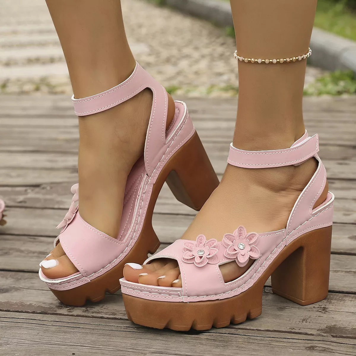 Open Toe Block Heels Sandals - Pink - View 8