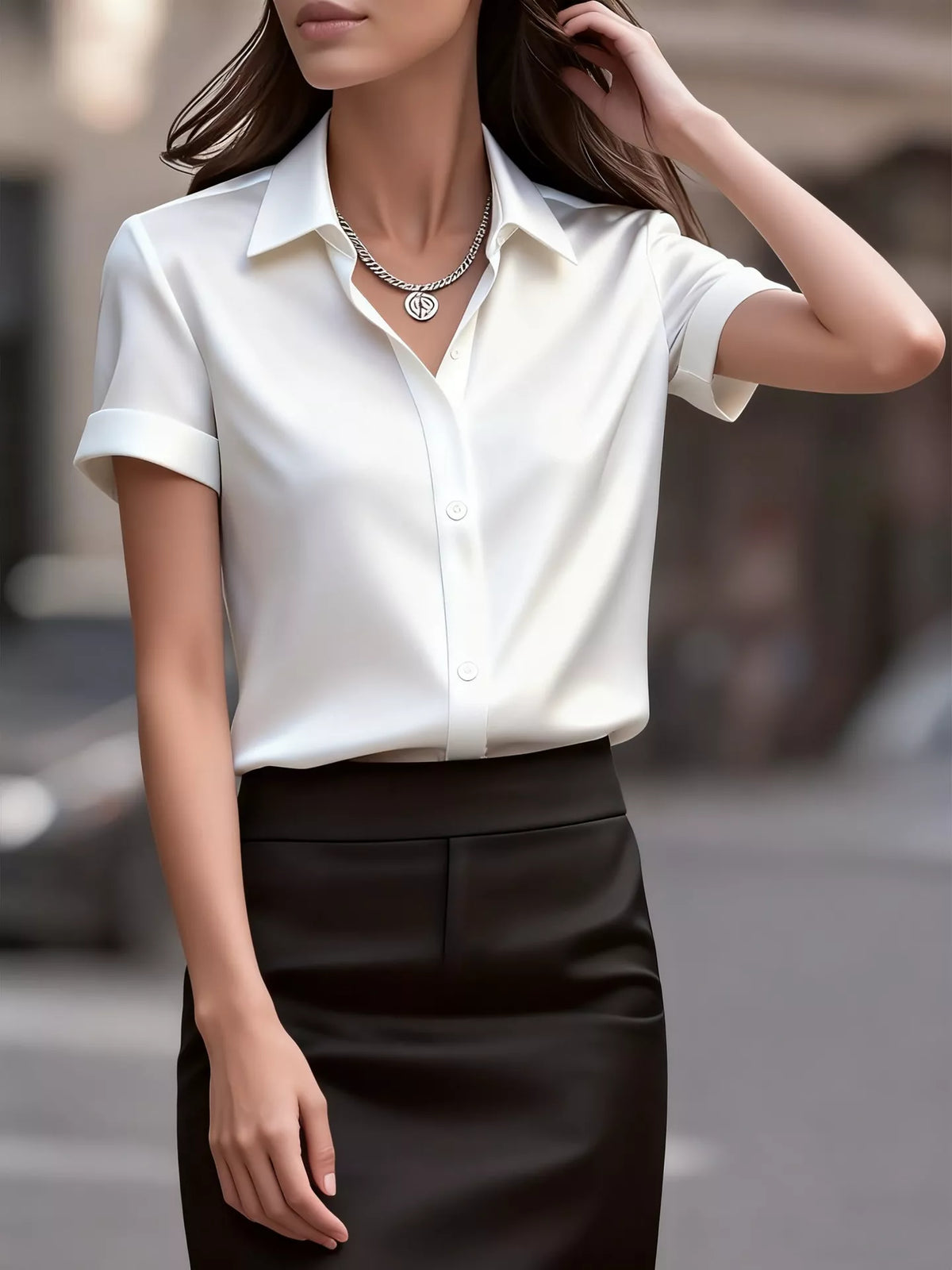 Satin Short-Sleeve Shirt - White - View 8