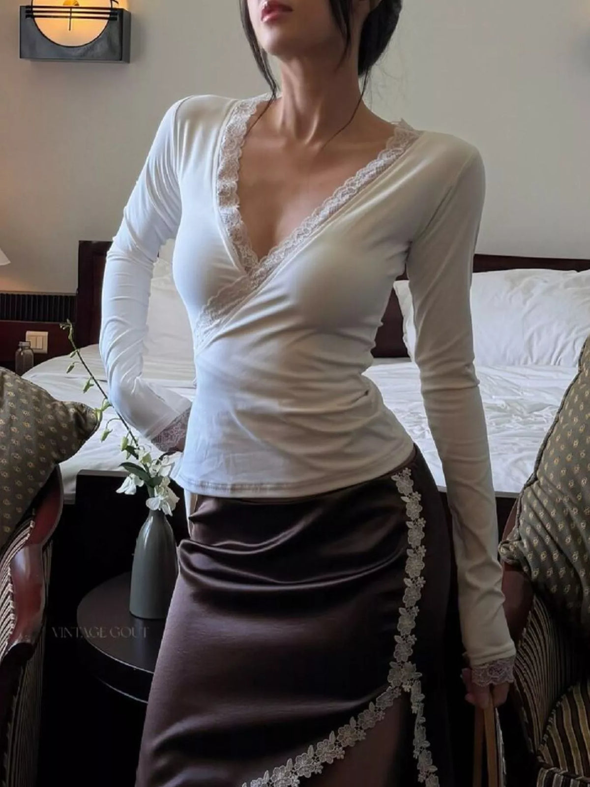 Lace-Trimmed Long Sleeves Wrap Blouse - White - View 1