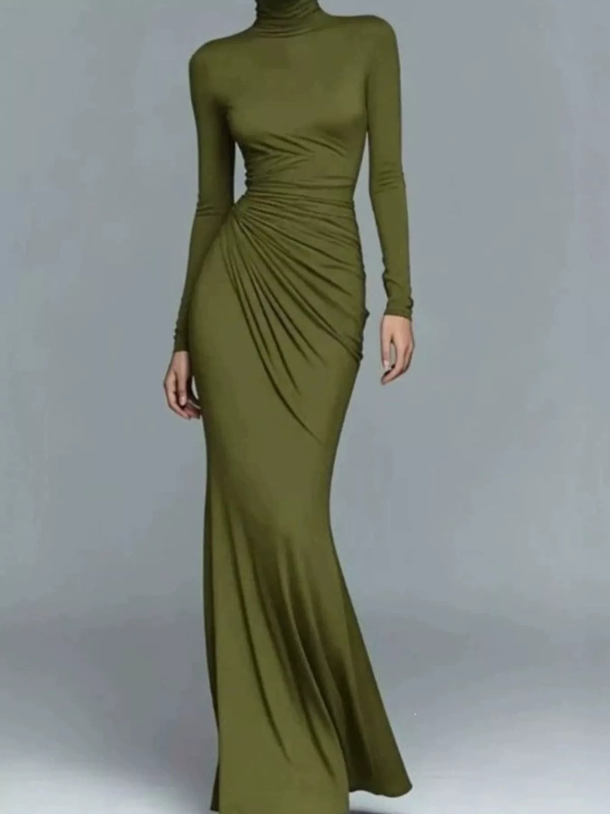 Turtleneck Long-Sleeve Ruched Maxi Dress - Olive Color - View 8
