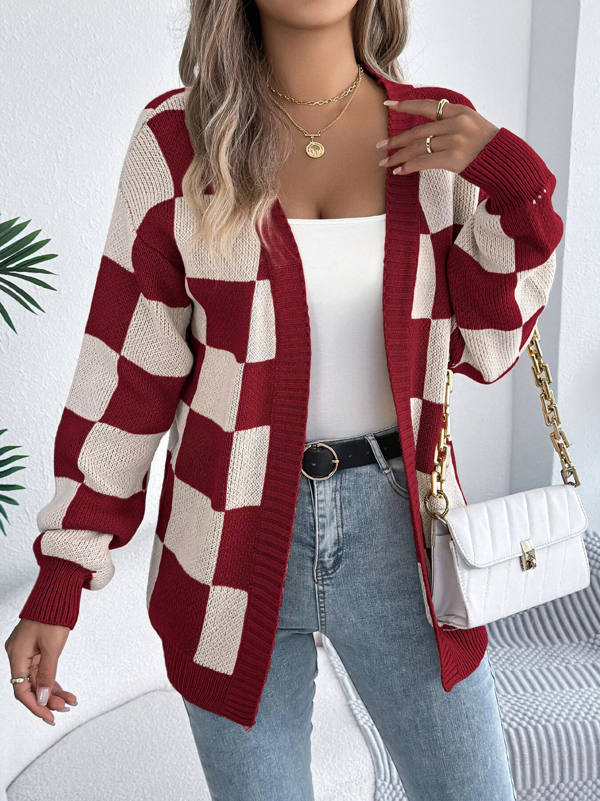 Checkerboard Pattern Open Front Knit Cardigan - Burgundy - View 2