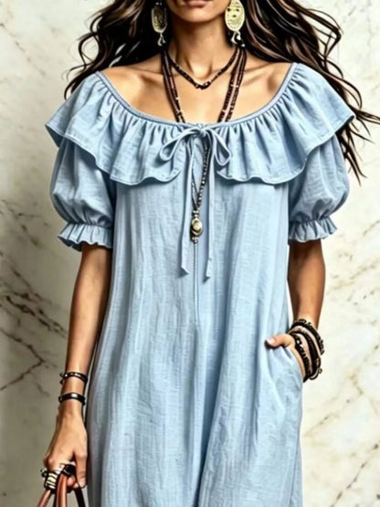 Ruffle Trim Puff Sleeve Maxi Dress - Light Blue - View 2