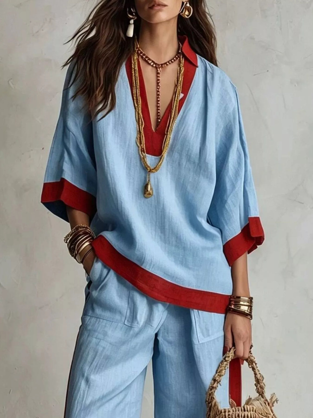 Full Size Contrast Trim Top and Wide Leg Pants Set Plus Size - Light Blue - View 2