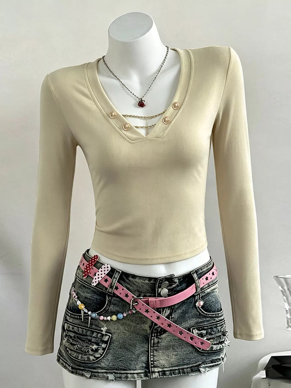 Decorative Pearl Buttons V-Neck Long Sleeve T-Shirt - Khaki - View 4