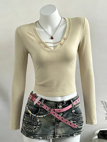 Decorative Pearl Buttons V-Neck Long Sleeve T-Shirt - Khaki - View 4