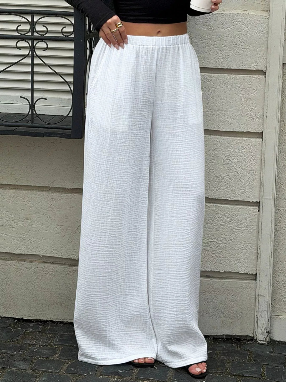 Textured Wide-Leg Casual Pants - White - View 2