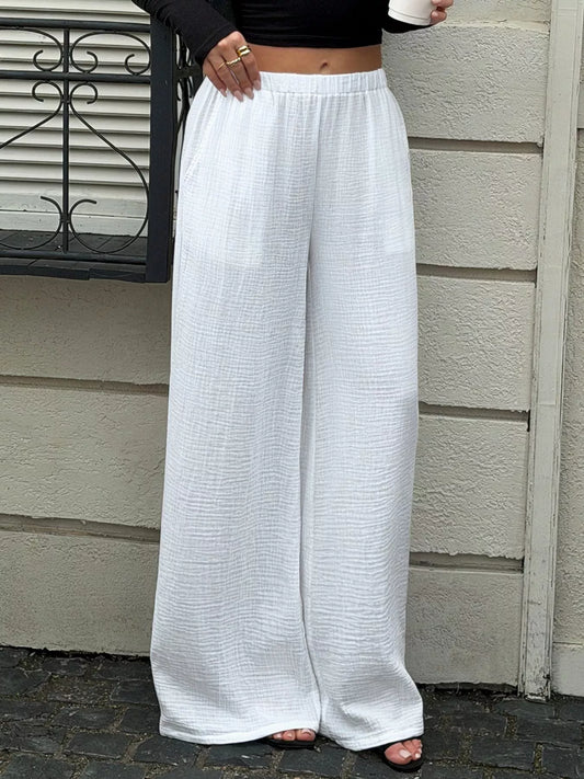 Textured Wide-Leg Casual Pants - White - View 2
