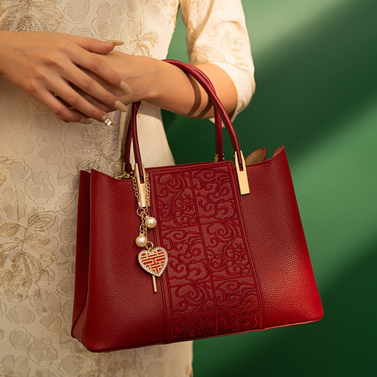 Embossed Leather Top Handle Handbag - Red - View 2