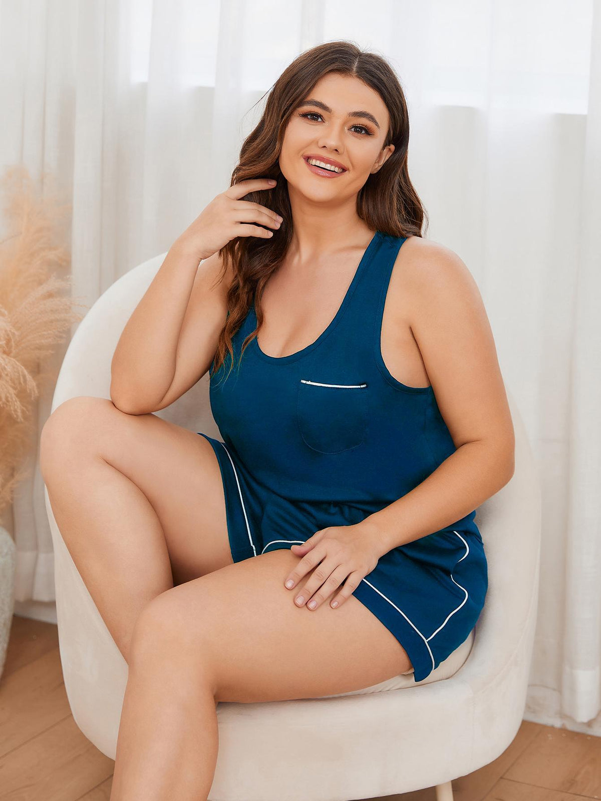 Plus Size Contrast Piping Racerback Tank and Shorts Lounge Set - Peacock  Blue - View 7