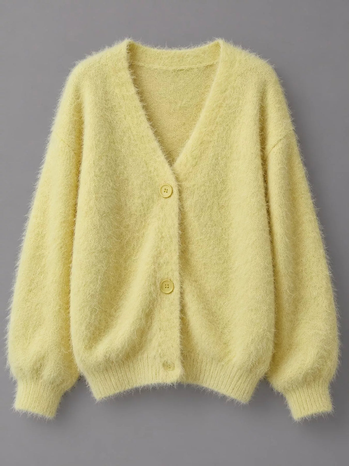 Fuzzy V-Neck Button-Down Cardigan - Yellow - View 24