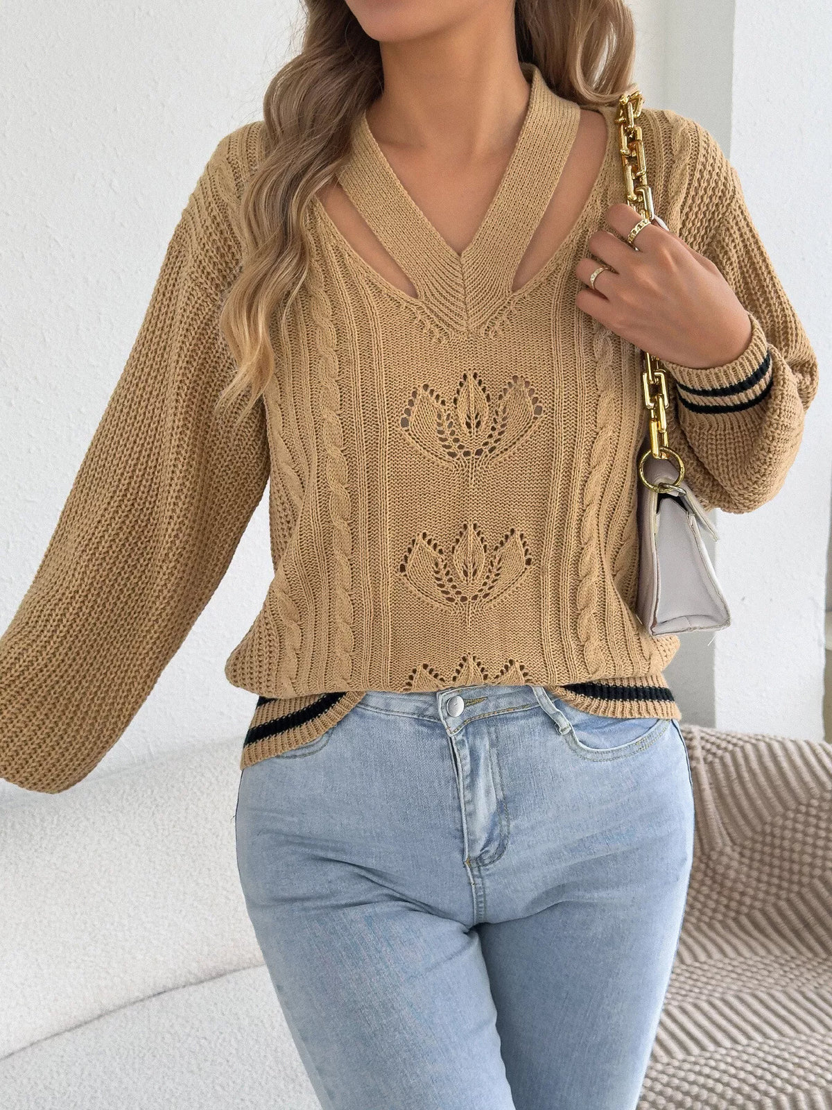 Cutout Cable Knit Sweater - Camel - View 5