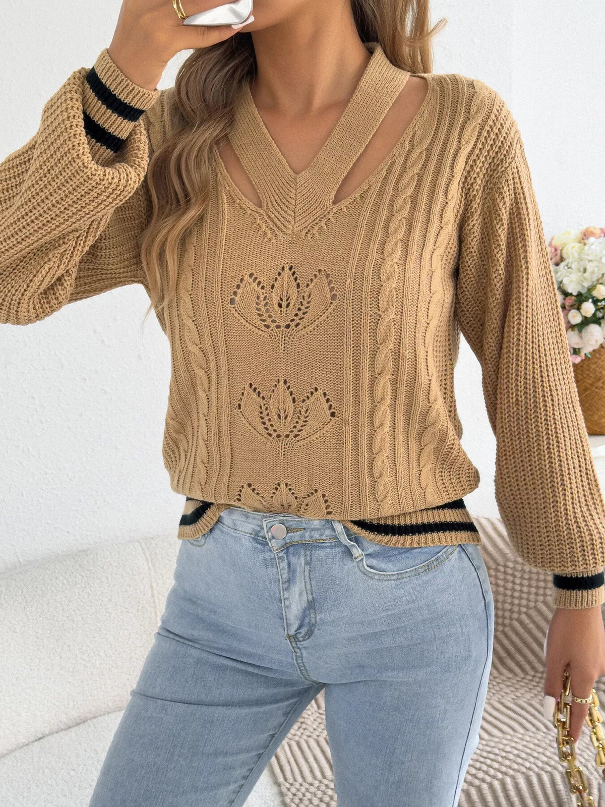 Cutout Cable Knit Sweater - Camel - View 2