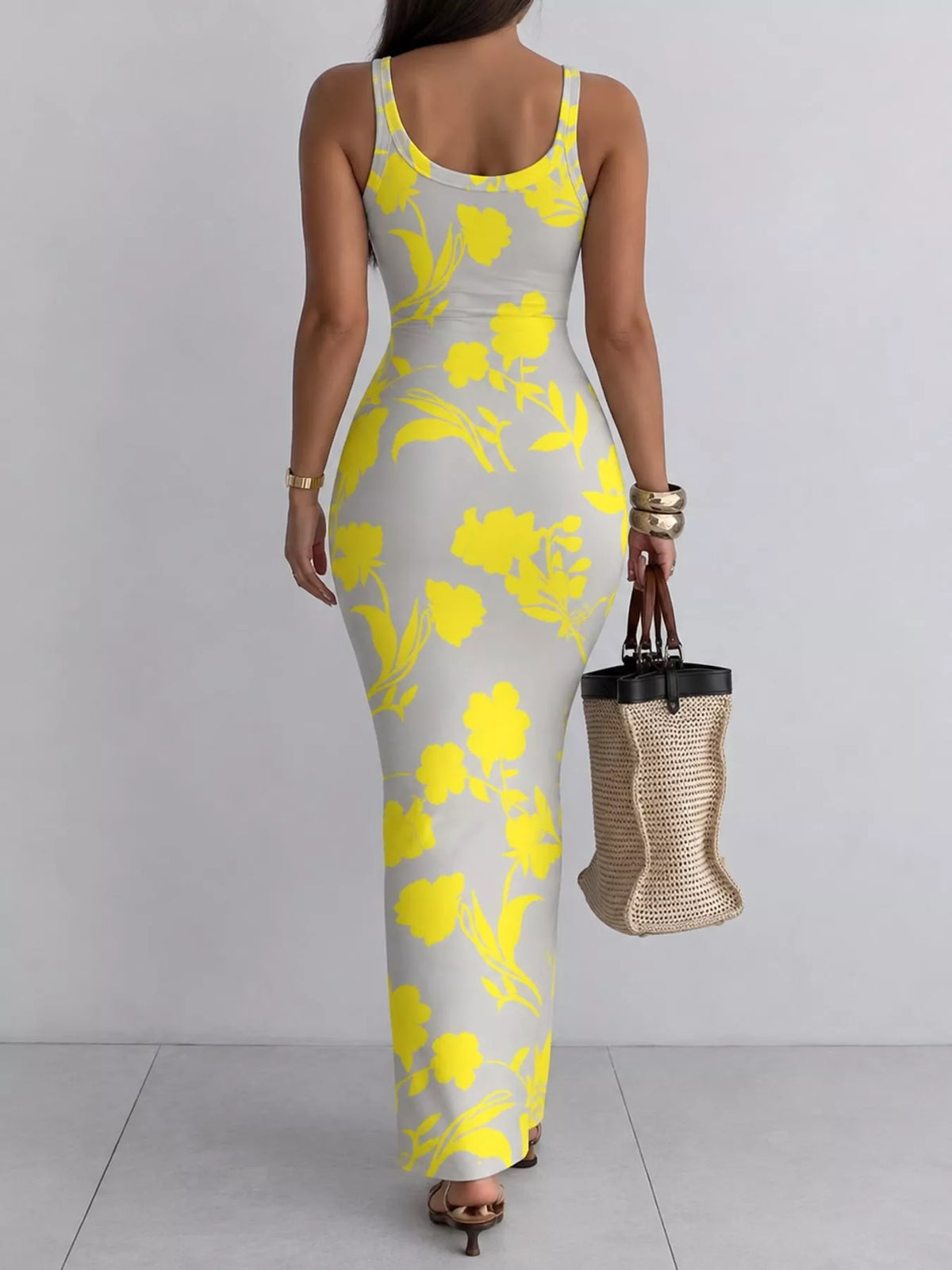 Sleeveless Bodycon Maxi Dress - Yellow Flowers - View 13