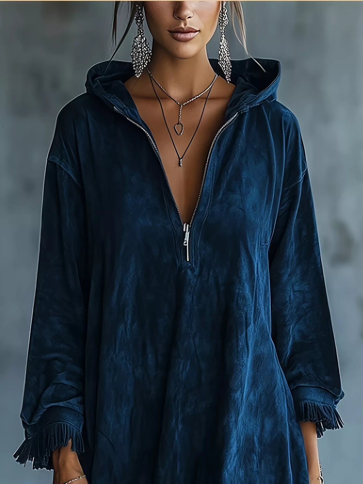 Full Size Hooded Fringed Half Zip Mini Dress Plus Size - Dark Blue - View 2