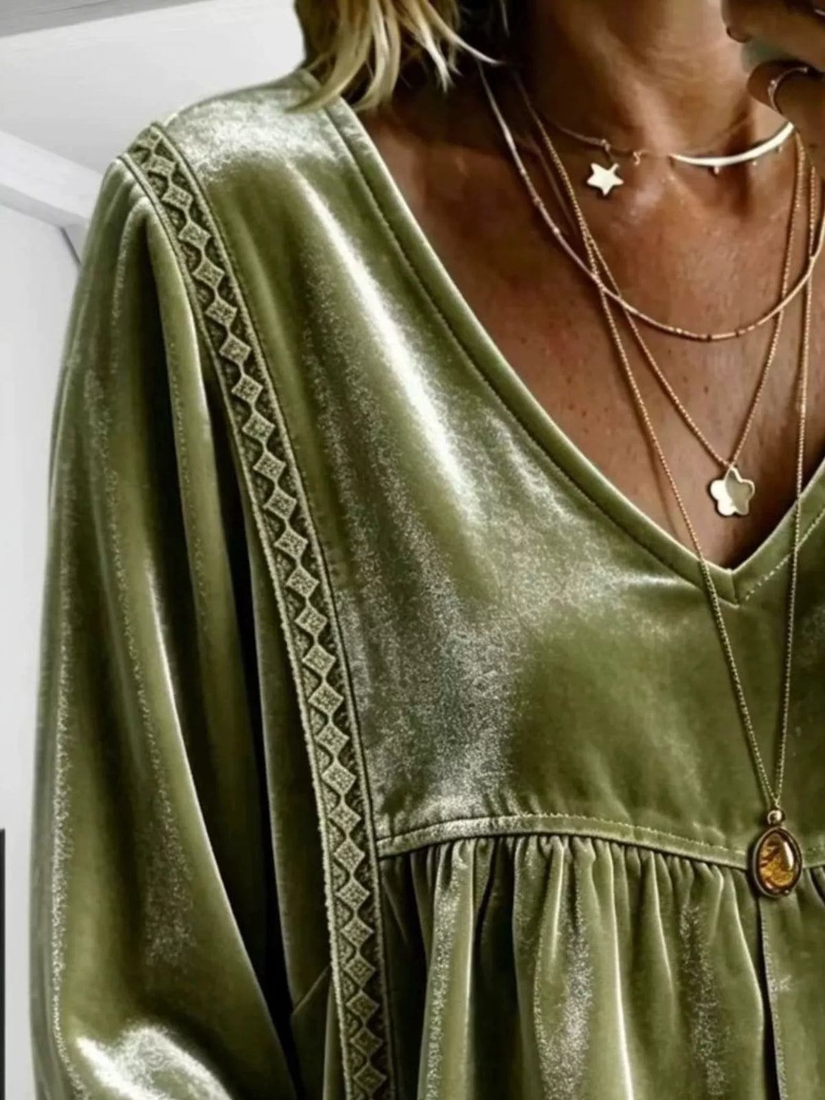 Full Size Velvet Lace Detail V-Neck Blouse Plus Size - Olive - View 14