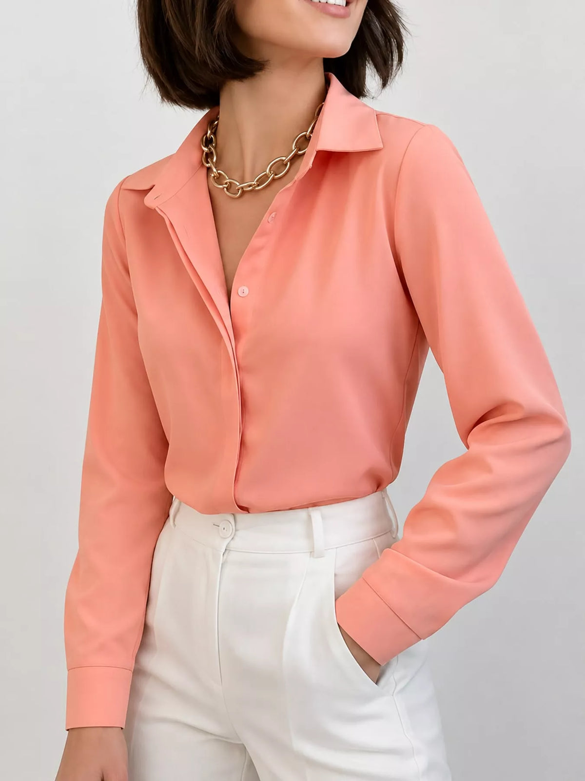 Button Up Long-Sleeve Shirt - Tangerine Pink - View 24