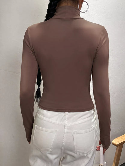 Mock Neck Long Sleeve Slim Fit T-Shirt - Brown - View 5