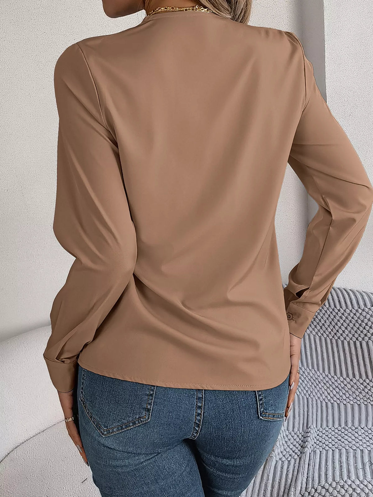 Layered V-Neck Long Sleeve Blouse - Mocha - View 16