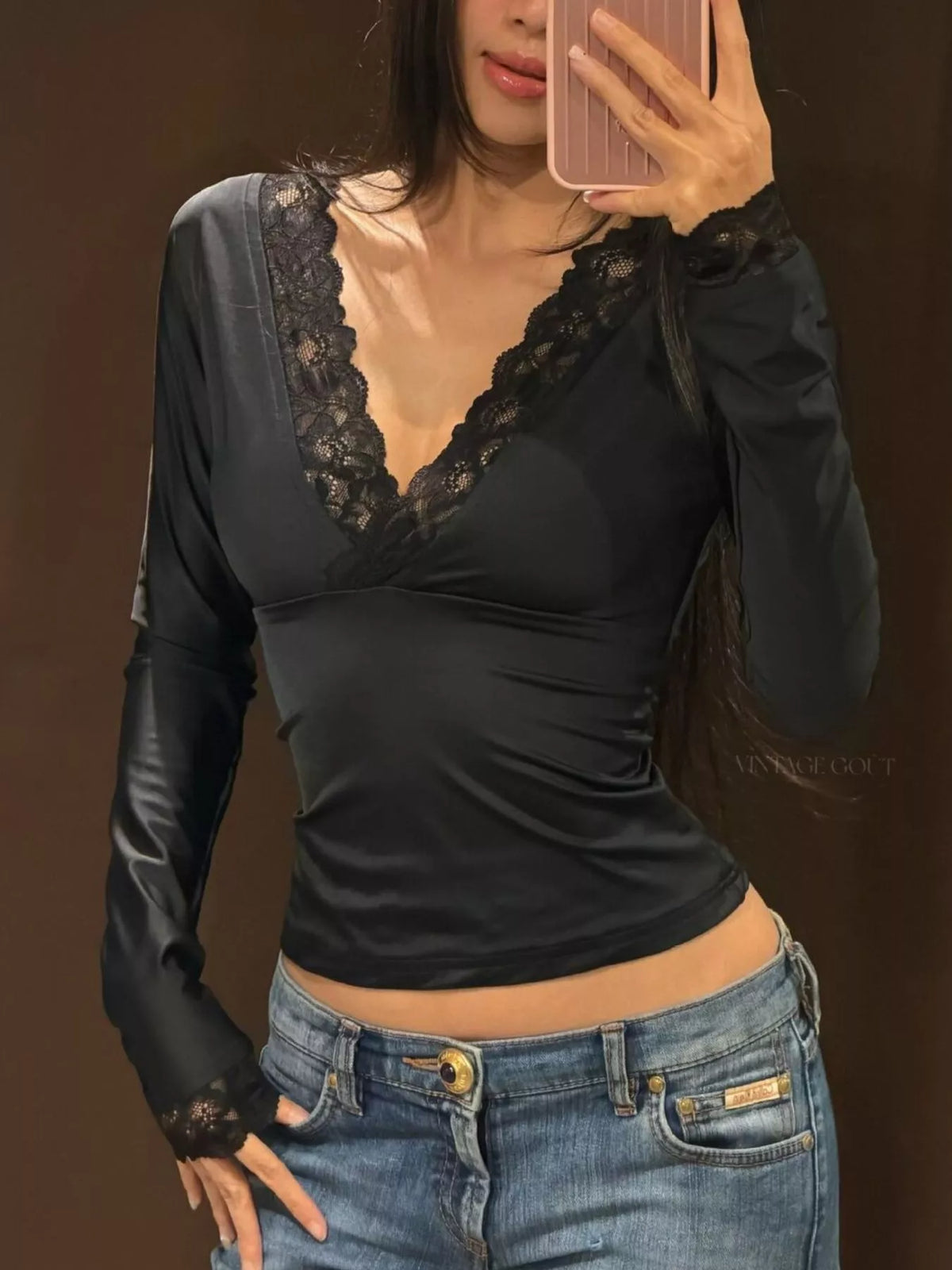 Lace-Trimmed Long Sleeves Wrap Blouse - Black - View 4