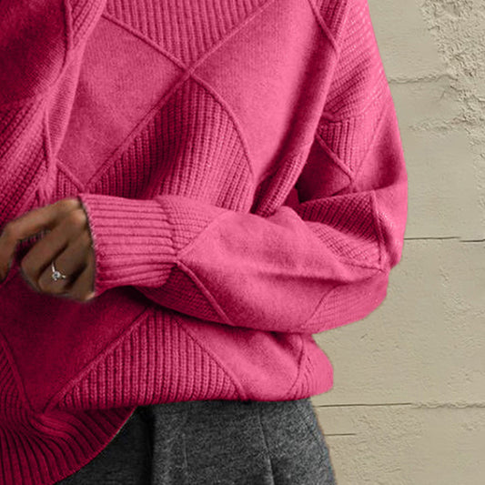 Geometric Turtleneck Long Sleeve Sweater - Hot Pink - View 2