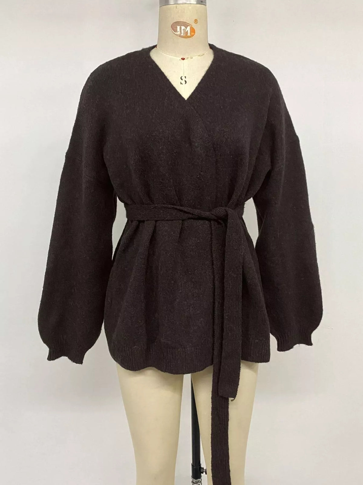 Tie Waist Dropped Shoulder Wrap Cardigan - Chocolate - View 8