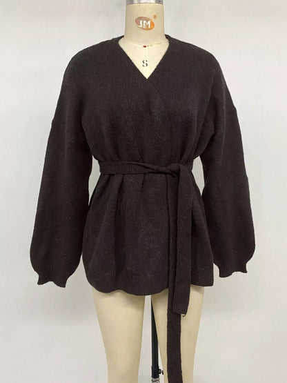 Tie Waist Dropped Shoulder Wrap Cardigan - Chocolate - View 8
