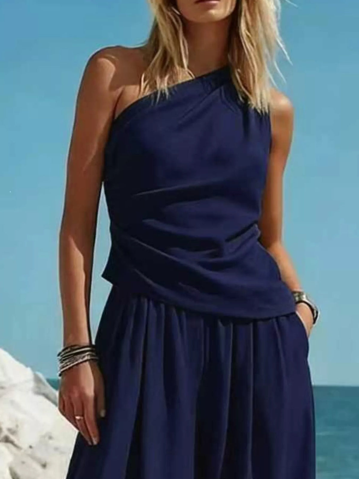 Full Size One-Shoulder Sleeveless Top and Harem Pants Set Plus Size - Navy Blue - View 2